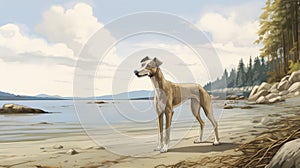 Whistlerian Greyhound: A Graphic Novel Style Illustration Of A Beachside Puppy