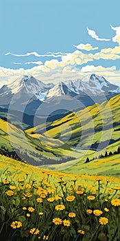 Whistlerian Style Illustration: Mountains In Yellow Flowers photo