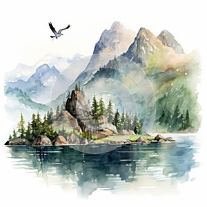 Whistlerian Watercolor Painting Of Lake And Mountains