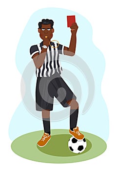 Whistling African American soccer referee showing stopping hand during match, human character vector illustration.