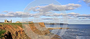 Whitby Abbey ruins and cliffs from Cleveland Way.