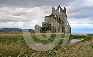 Whitby Abbey - ruins of gothic church above sea shore in England