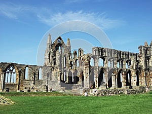 Whitby Abbey ruins skylined on a summer`s day