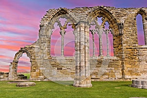 Whitby Abbey Ruins sunset in England