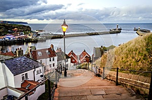 Whitby harbour as seen from the famous 199 steps leading to Whitby Abby.