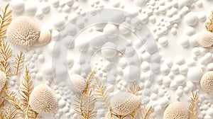 white 3D abstract background with various sizes of spheres and golden plant elements