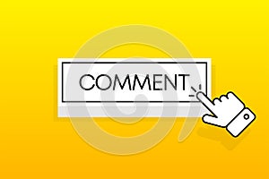 White 3D button with the inscription Comment, isolated on a yellow background. Mouse cursor. Simple design. Vector