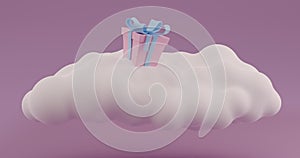 White 3d cloud, boxes with gifts falling on it on a pink background. 3d render