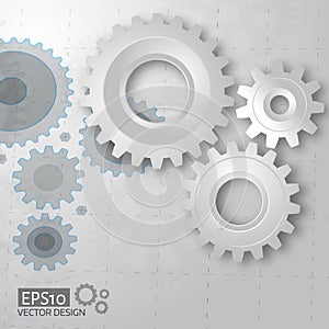 White 3d gears on the gray blueprint background