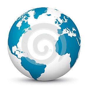White 3D Globe Icon with Blue Continents and Atlantic Ocean in t