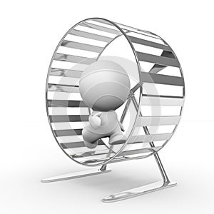 White 3d human character running in a hamster wheel