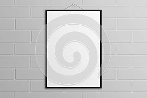 White 3D illustration poster mockup with black frame brick wall