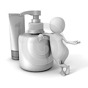 White 3d Man With Cosmetic Tube And Bottle Of Cream