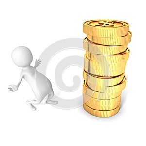 White 3d man and a stack of golden dollar coins