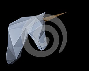 White 3d papercraft model of unicorn head on black background. Minimal art concept