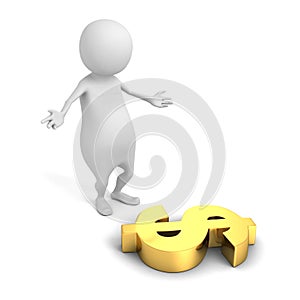 White 3d person with golden dollar currency symbol