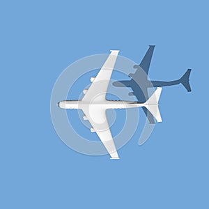 White 3d plane render with a shadow on a blue background. Airplane travel background illustration. 3D Rendering.