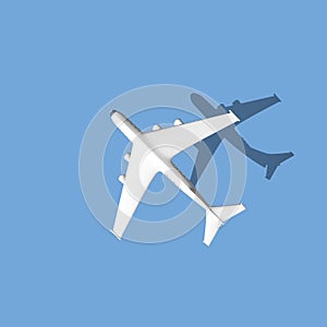 White 3d plane render with a shadow on a blue background. Airplane travel background illustration. 3D Rendering.