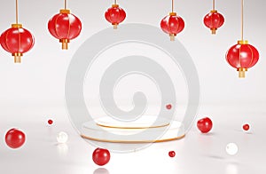 White 3D podium decorate with golden ring for chinese new year festival decorate with red china fans in red theme Mockup for produ