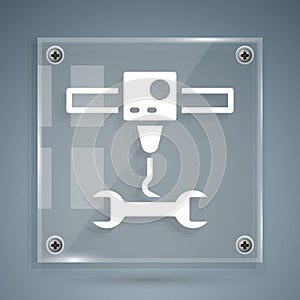 White 3D printer wrench spanner icon isolated on grey background. 3d printing. Square glass panels. Vector