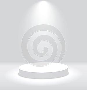 White 3d round podium with light and lamp. Winner stand with spotlights. Empty pedestal platform for award. Podium, stage pedestal