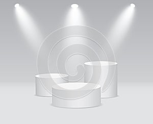 White 3d round podium with light and lamp. Winner stand with spotlights. Empty pedestal platform for award. Podium, stage pedestal