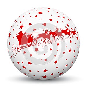 White 3D Sphere with Red Starlets and Santa Claus with Reindeer