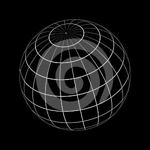 White 3D sphere wireframe isolated on black background. Orb model, spherical shape, grid ball. Earth globe figure with