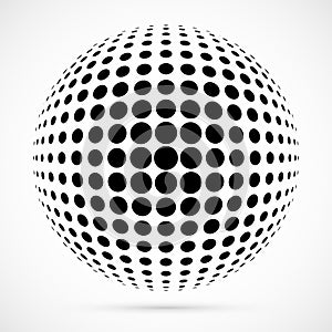 White 3D vector halftone sphere.Dotted spherical background.Logo template with shadow.Circle dots isolated on the white