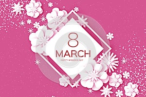 White 8 March. Happy Women s Day. Trendy Mother s Day. Paper cut Floral Greeting card. Origami flower. Text. Rhombus