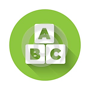 White ABC blocks icon isolated with long shadow. Alphabet cubes with letters A,B,C. Green circle button. Vector