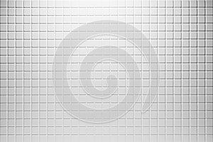 White abstract background of tiny square ceramic tile, pattern, top view. Classic mosaic texture of porcelain tile