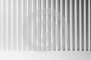 White abstract background of vertical folded striped gradient pattern, perspective, floor as stage mockup