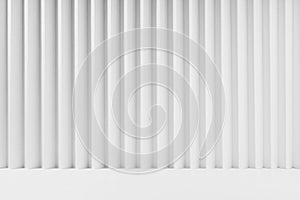 White abstract background vertical folded striped pattern, perspective, floor stage mockup presentation cosmetic products