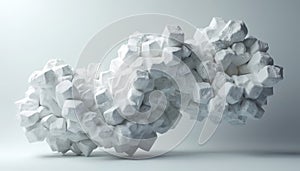 White abstract 3D shape with geometric stone structure on light background. Modern futuristic design element with textured
