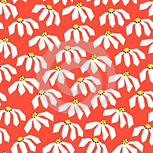 White abstract daisy flowers seamless vector pattern red. Repeating floral background Scandinavian style. Paper cut flowers for