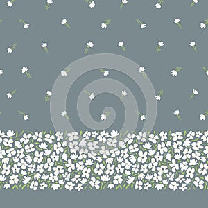 White abstract ditsy gestural flowers vector seamless horizontal border and pattern on grey background. Floral Edge