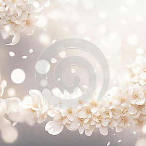 White abstract flowers with pearl stamens on blurred background with soft lights