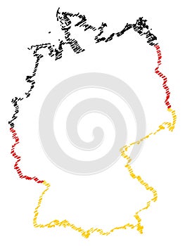 White abstract Germany map with a contour of national flag colors isolated on white background.