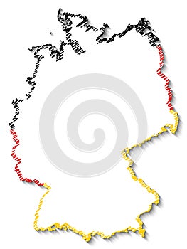 White abstract Germany map with a contour of national flag colors & shadow isolated on white background.
