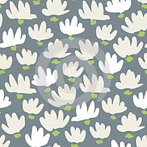 White Abstract Gestural Flower Head Vector Seamless Pattern. Simple Clean Floral Backrgound. Snowdrop, Lily
