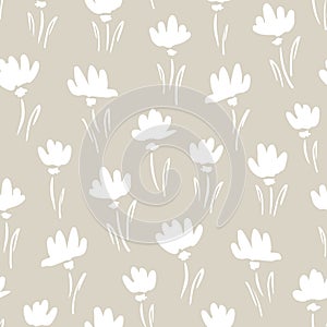 White Abstract Gestural Snowdrop Flowers Vector Seamless Pattern. Simple Clean Floral Backrgound.