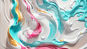 Abstract white marble background with red, yellow and turquoise streaks. Ai generative illustration