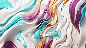 Abstract white marble background with red, yellow and turquoise streaks. Ai generative illustration