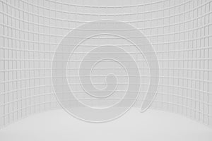White abstract modern curved circle stage as alcove with tiny square ceramic tiles on wall wood floor, grey gradient as empty