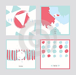 White abstract square cards, hand drawn with brush and stripes, brush blobs and smears. Pink and blue accents. Vector illustration