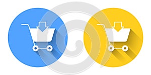 White Add to Shopping cart icon isolated with long shadow background. Online buying concept. Delivery service sign