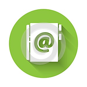 White Address book icon isolated with long shadow. Notebook, address, contact, directory, phone, telephone book icon