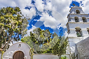 White Adobe Steeple Bells Mission San Diego de Alcala California