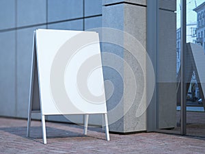 White advertising stand near office building. 3d rendering